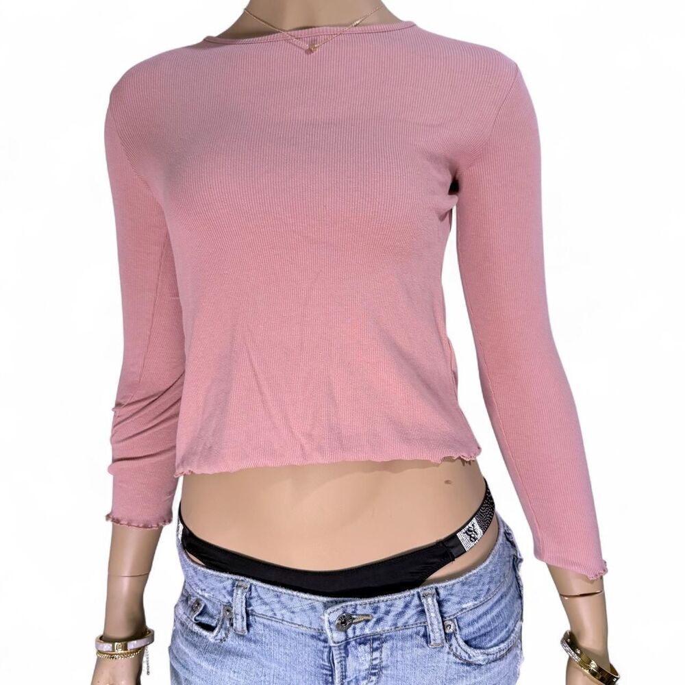 H&M Dusty Pink Ribbed Long Sleeve Top Womens M Lettuce Trim Hem Cropped Baby Tee